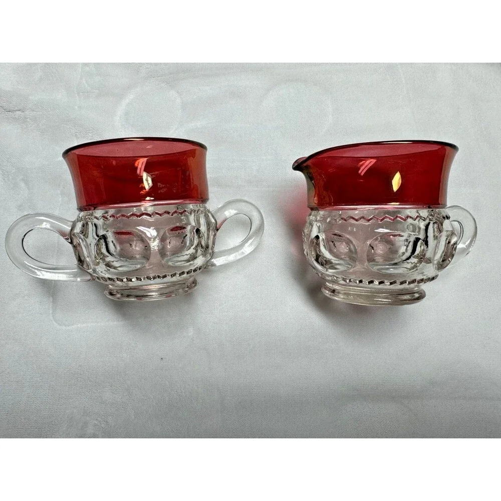 Vintage Colony Kings Crown Ruby Red Thumbprint Glassware Cream and Sugar Holder